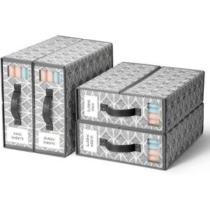 Yecaye 4 Pack Sheet Organizers and Storage with Clear Window and Label, Foldable Bed sheet Organizer for Linen Closet, Fabric Bedding Storage Box for Duvet Covers, Pillowcases, Queen & King Size, Grey