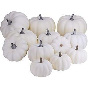 BESTTOYHOME 12 PCS Assorted Sizes Rustic Harvest White Artificial Pumpkins for Halloween, Fall Thanksgiving Decorating Harvest Embellishing and Displaying