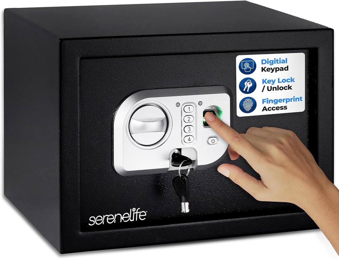 SereneLife Electronic Fingerprint Safe | Heavy Duty Money Safebox | Digital Touch Pad Lockbox with Code & 2 Keys | Small Safe Box for Home or Office, Secure Cash,| 13.8 x 9.8 Black