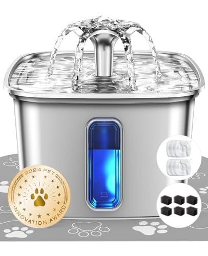 Veken Innovation Award Winner Stainless Steel Cat Water Fountain, 95oz/2.8L Automatic Pet Fountain Dog Water Dispenser with Replacement Filters & Silicone Mat, Gifts for Cats, Dogs (Silver)