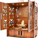 Wooden Pooja Mandir Temple for Home with LED Light, Storage Cabinets and Wall Mounts, Decorative Carved Doors with Om Symbol, Brown Finish, 17.3 x 11 x 10.6 Inches