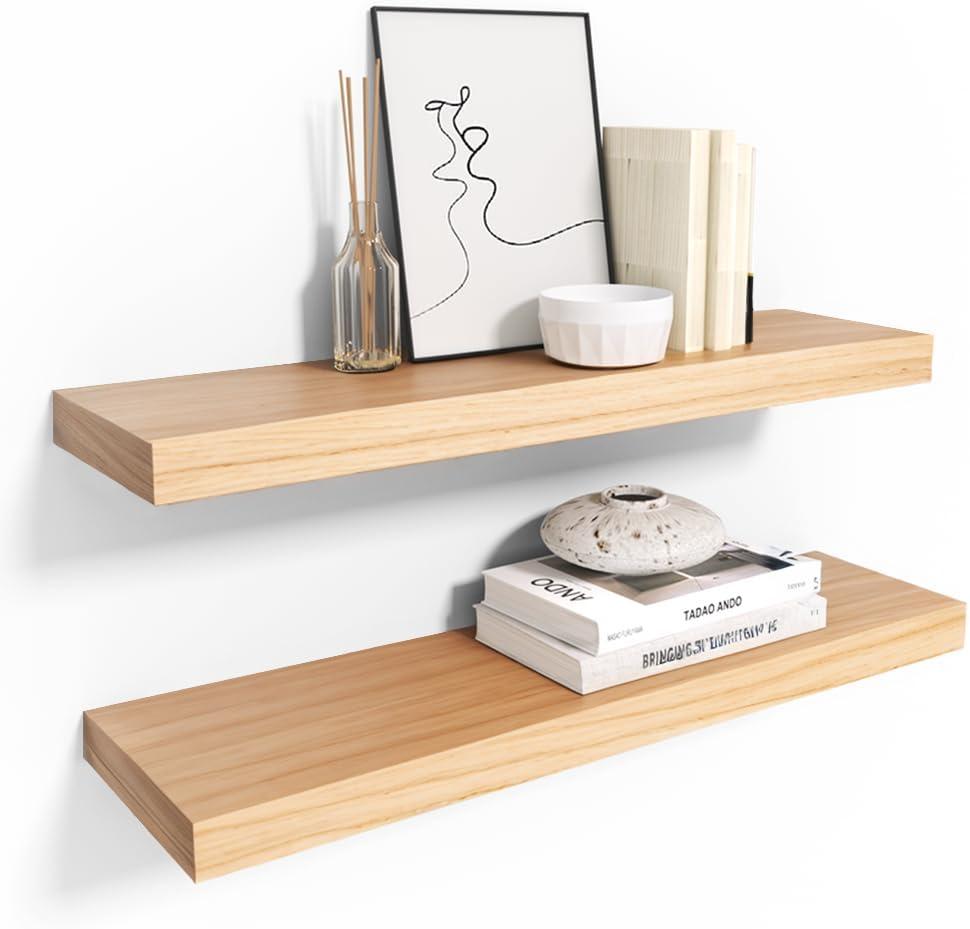 Habudda Floating Shelves, Wooden Wall Shelf for Rustic Decor, Hanging Display Shelving for Bedroom Bathroom Kitchen Living Room, Natural Wood, Invisible Bracket, 23.6"6.7"1.6", 2-Pack