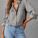 Astylish Women Button Down Denim Shirts Casual Long Sleeve V Neck Chambray Blouse Top (Gray, M)