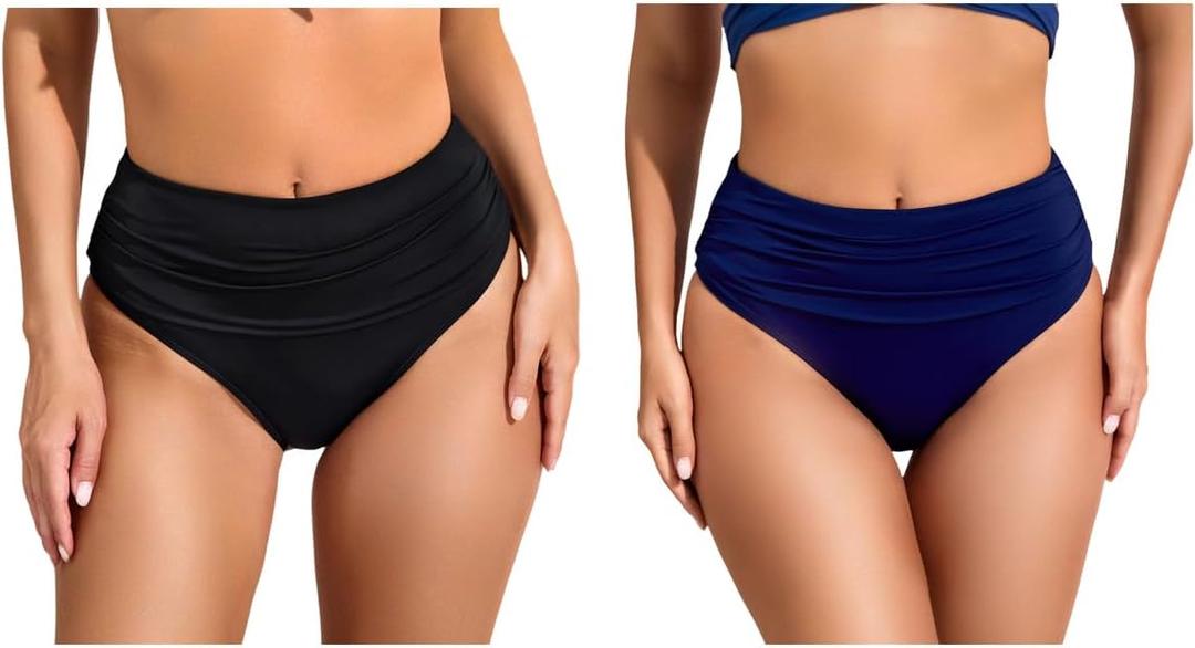 COCOPEAR Full Coverage Bikini Bottoms for Women Mid Rise Bathing Suit Bottoms for Women Ruched Tummy Control Swim Bottoms 2# Black+ Navy 2XL