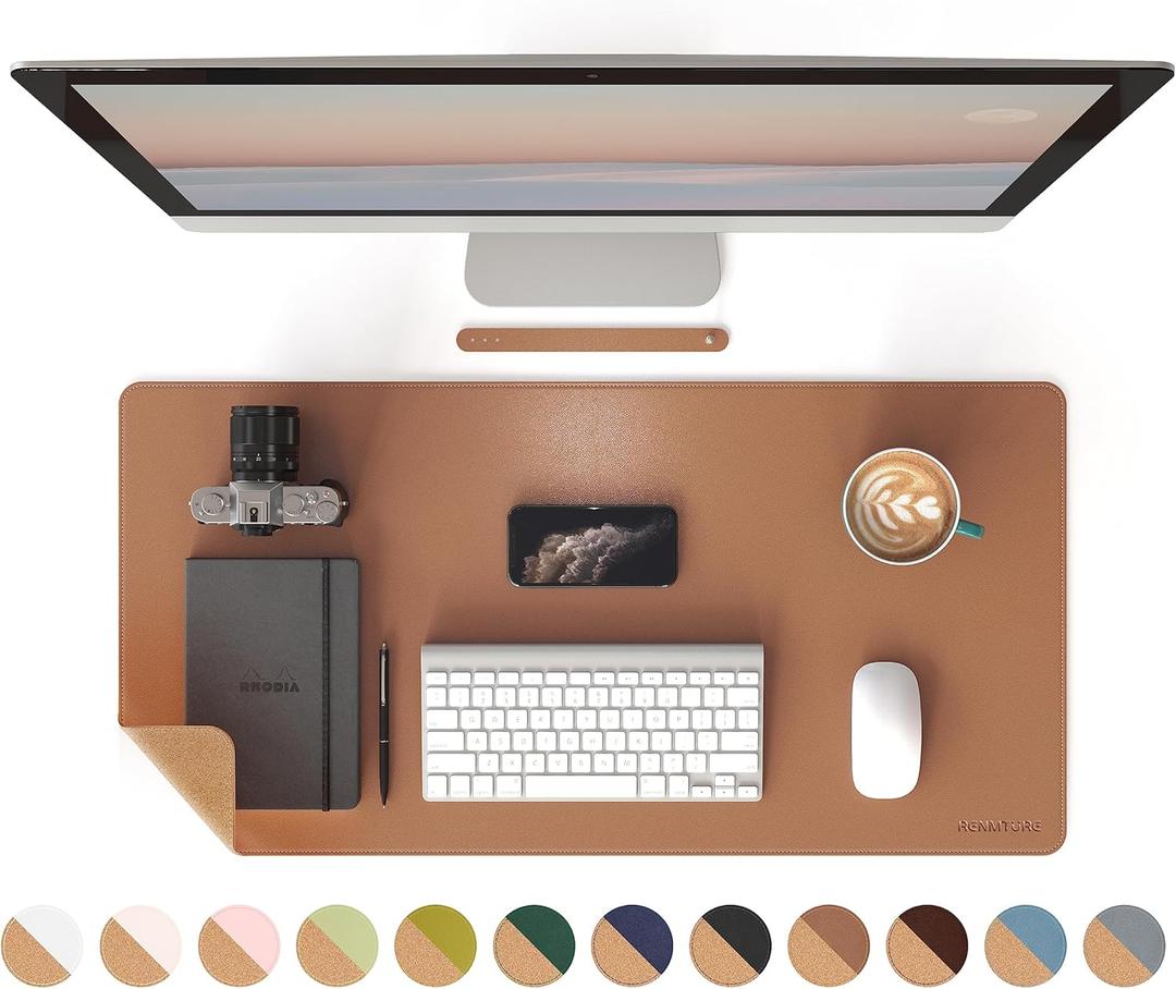 RENMTURE Dual-Sided Mouse Pad, Natural Cork & PU Leather Large Desk Pad for Office and Home Work, Desk Protector Non-Slip, Waterproof, Easy Clean (Brown, 32"x16")