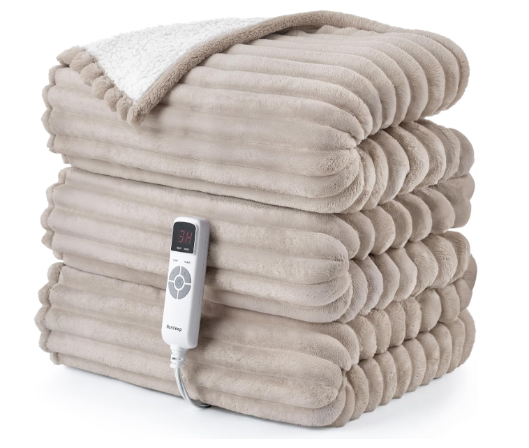 Hansleep Heated Blanket Queen Size Electric Throw Dual Control, Heating Blanket with 9 Heating Levels and 10-Hour Timer Auto Shut Off, Washable Soft Warm Winter Blanket, 80 x 90 Inches, Beige