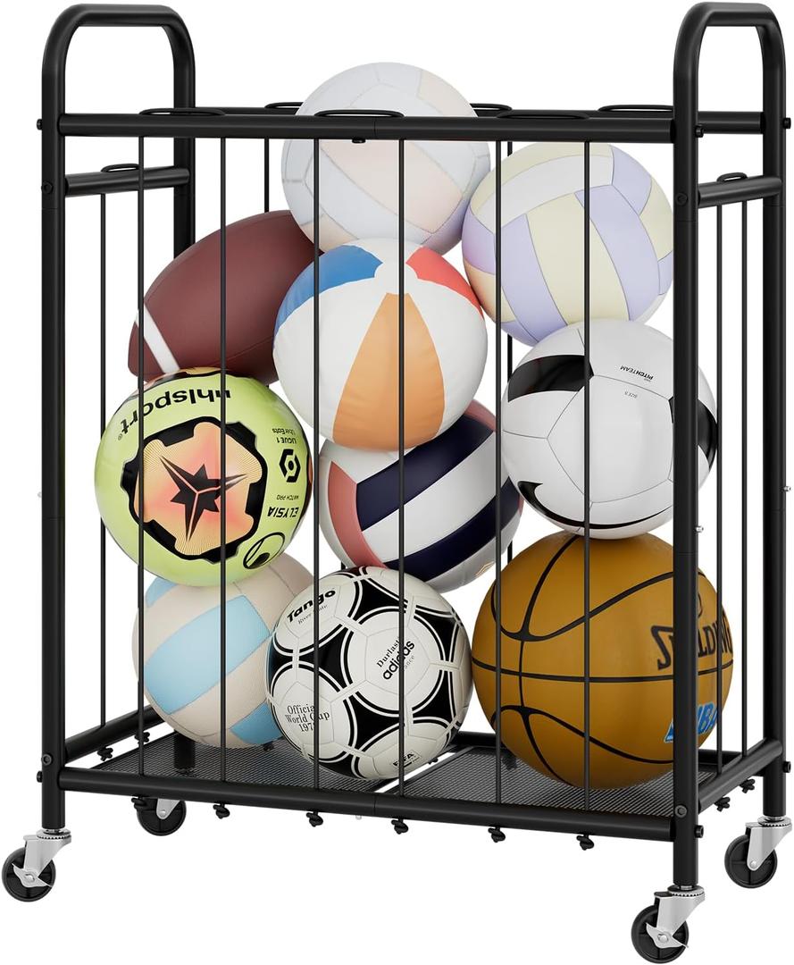StorageWorks Ball Storage with Wheels, Ball Cart for Garage, Garage Sports Equipment Organizer, Balls Organizer for Basketball, Football, Volleyball