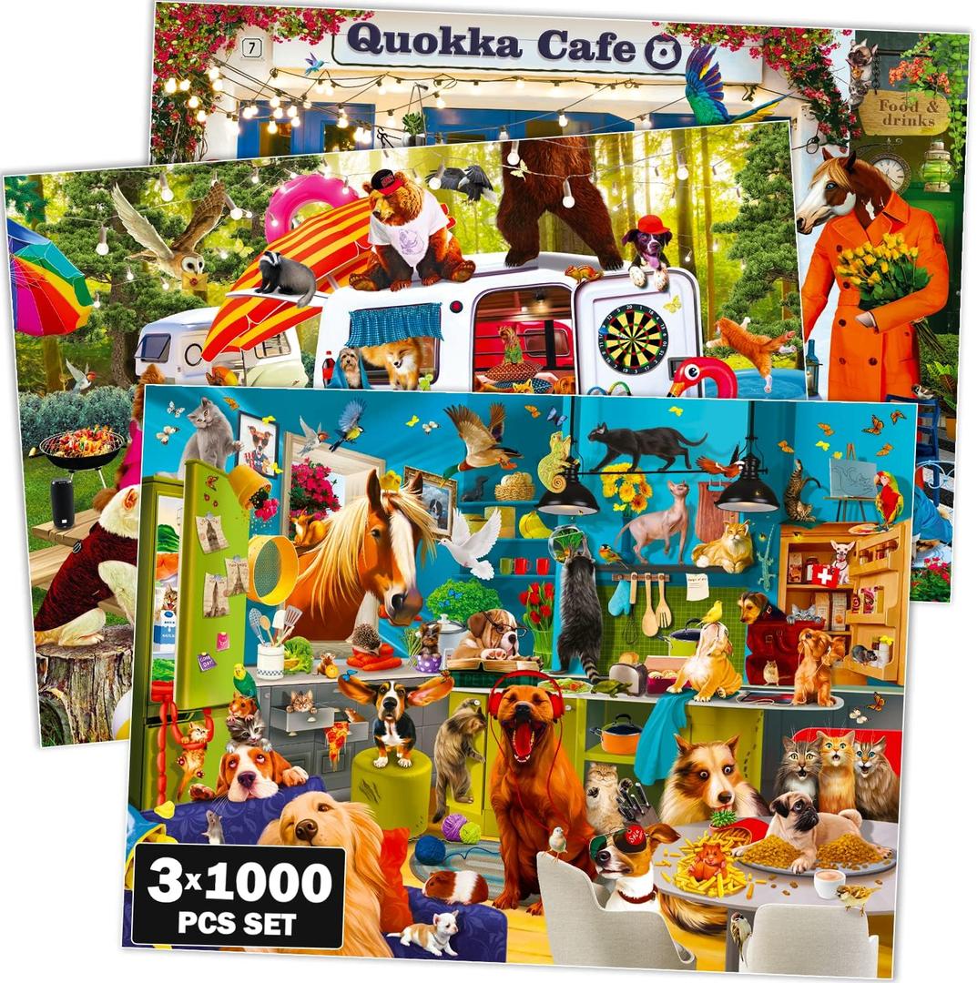 QUOKKA Jigsaw Puzzles for Adults 1000  3 Packs of Unique Animal Adult Puzzles  Enjoy Games for Adults - Colorful Designs for Women and Men