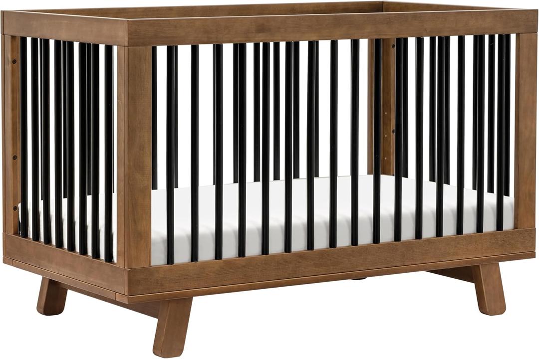 Babyletto Hudson 3-in-1 Convertible Crib with Toddler Bed Conversion Kit in Natural Walnut/Black, Greenguard Gold Certified