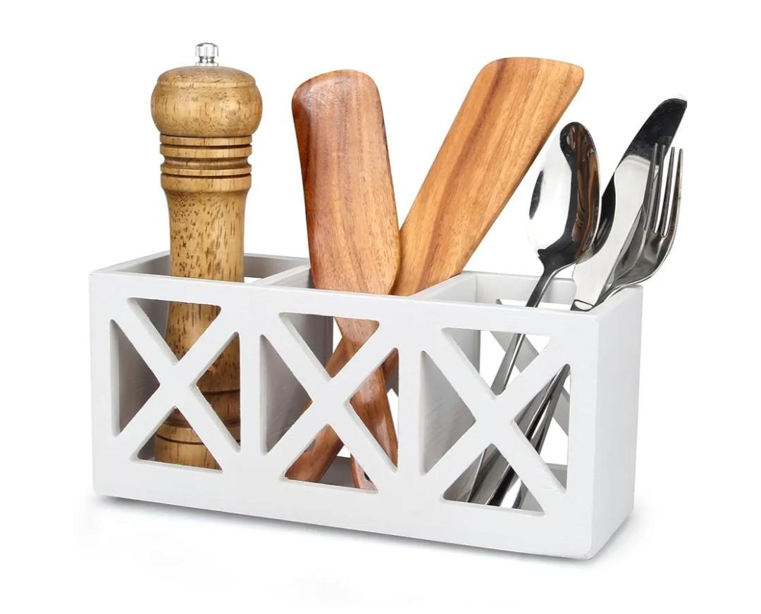 Wooden Cutlery Silverware Holder Flatware Utensil Caddy Wood Silverware Organizer Storage for Countertop Fork Spoon Knives Organizer Small Kitchen Utensil Holder Party White Table Cutlery Caddy
