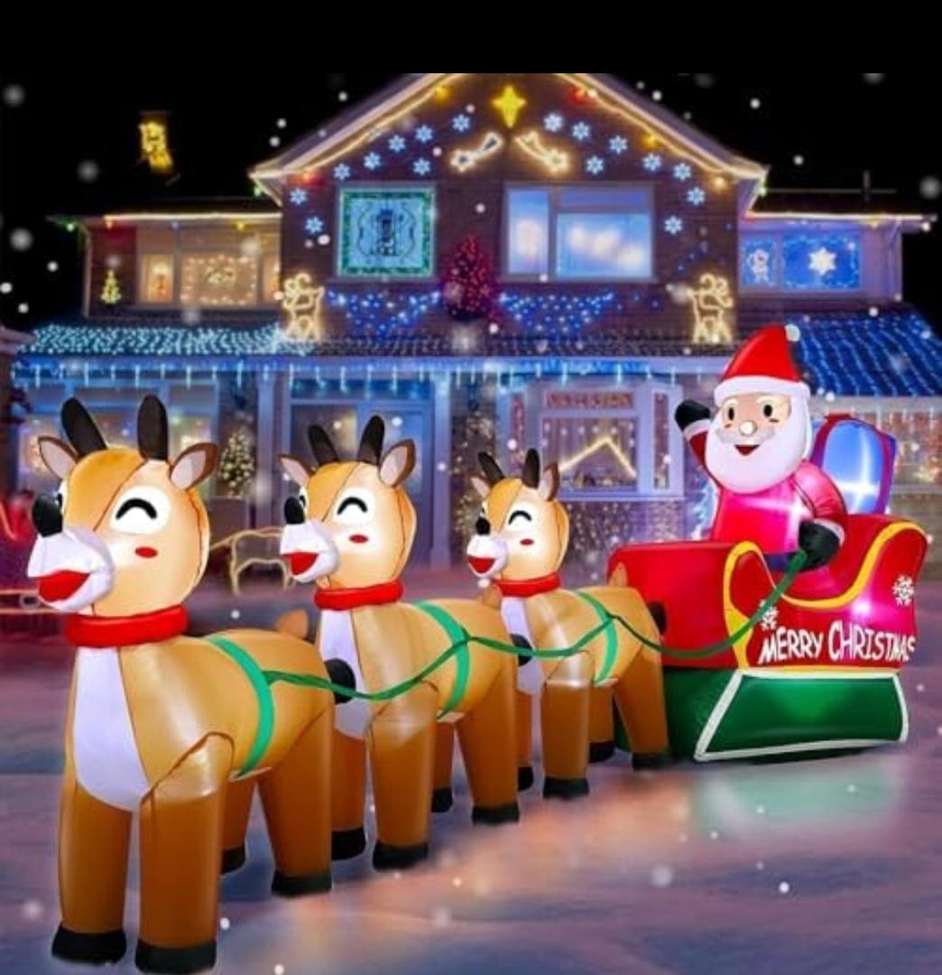12 Feet Long Christmas Inflatables Santa Claus with Three Reindeer Built-in LED Lights, Blow Up Christmas Outdoor Decorations for Xmas Party Holiday Outdoor Garden Lawn Yard Decor