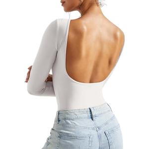SUUKSESS Women Backless Y2k Long Sleeve Bodysuit Double Lined Open Back Sexy Basic Top Size S.