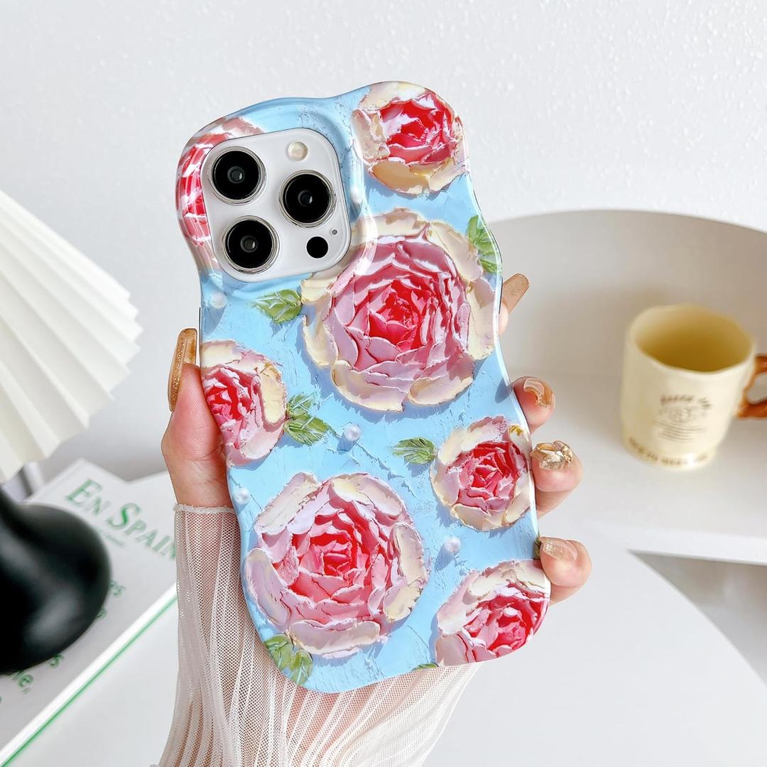XIZYO Case for iPhone 13 Pro, Colorful Retro Oil Painting Flower Cute Floral Aesthetic Curly Wave Frame Hybrid Protective 2-Layer Hard Shell Soft TPU Shockproof Cover Women Girls-Rose Flower/Blue