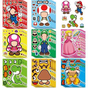 24 Sheets 5.8x4.4 DIY Make a Face Mario Stickers for Teens, Make Your Own Mixed & Matched with 8 Designed Characters(3 of Each) Sticker for Birthday Party Supplies Favors Class Reward (Mario)