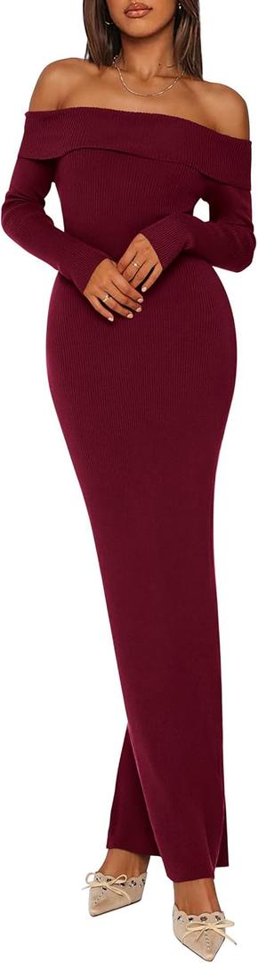 PRETTYGARDEN Womens Fall Sweater Dress 2026 Long Sleeve Off Shoulder Slit Maxi Bodycon Cocktail Party Dresses Spring Fashion (XXL)