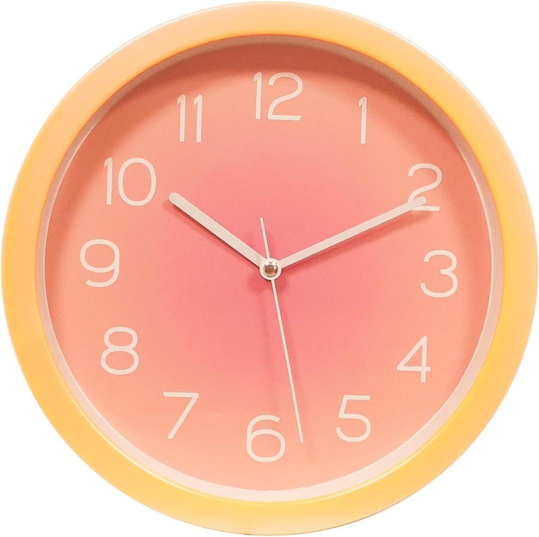 Topkey Silent Wall Clock 10 Inch Pearlescent Gradient Minimalist Design Round Mute Decorative Wall Clocks for Bedroom Office - Orange