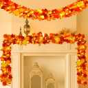 Joyhalo 2 Pack Fall Garland with Lights, Fall Leaves for Mantle, Outdoor Lighted Up Leaf Garland Autumn Decor with 6.5FT LED String Lights, Hanging Maple Leaves for Door, Thanksgiving Decor