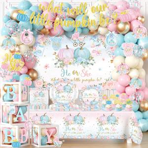 Pumpkin Gender Reveal Decorations - 233Pcs Fall Baby Shower Party Set With Tableware, Banner, Box, Balloon Arch What Will Our Little Pumpkin Be Decorations for Fall He or She Gender Reveal Party