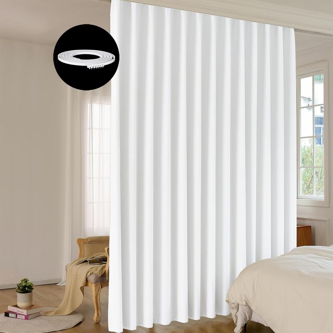 Room Divider Curtain Sets with Bendable Ceiling Track, 95% Blackout Total Privacy Ceiling Track Curtains Floor to Curtains Track Kits 10 ft Wide x 7 ft Tall, White, 1 Panel