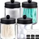 Amolliar 4 Pack Apothecary Jars Bathroom Vanity Storage Organizer Set -Countertop Canister with Stainless Steel Lids &Cute Stickers - Qtip Dispenser Holder for Qtips,Cotton Swabs,Makeup Sponges(Black)