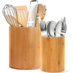 Bamboo Utensil Holder, 7.3"+5.4" Set of 2 Utensil Holders for Kitchen Counter, Bamboo Spoon and Chopstick Organizer, Flatware, Spatula & Silverware Storage Containers, for Countertop & Pantry