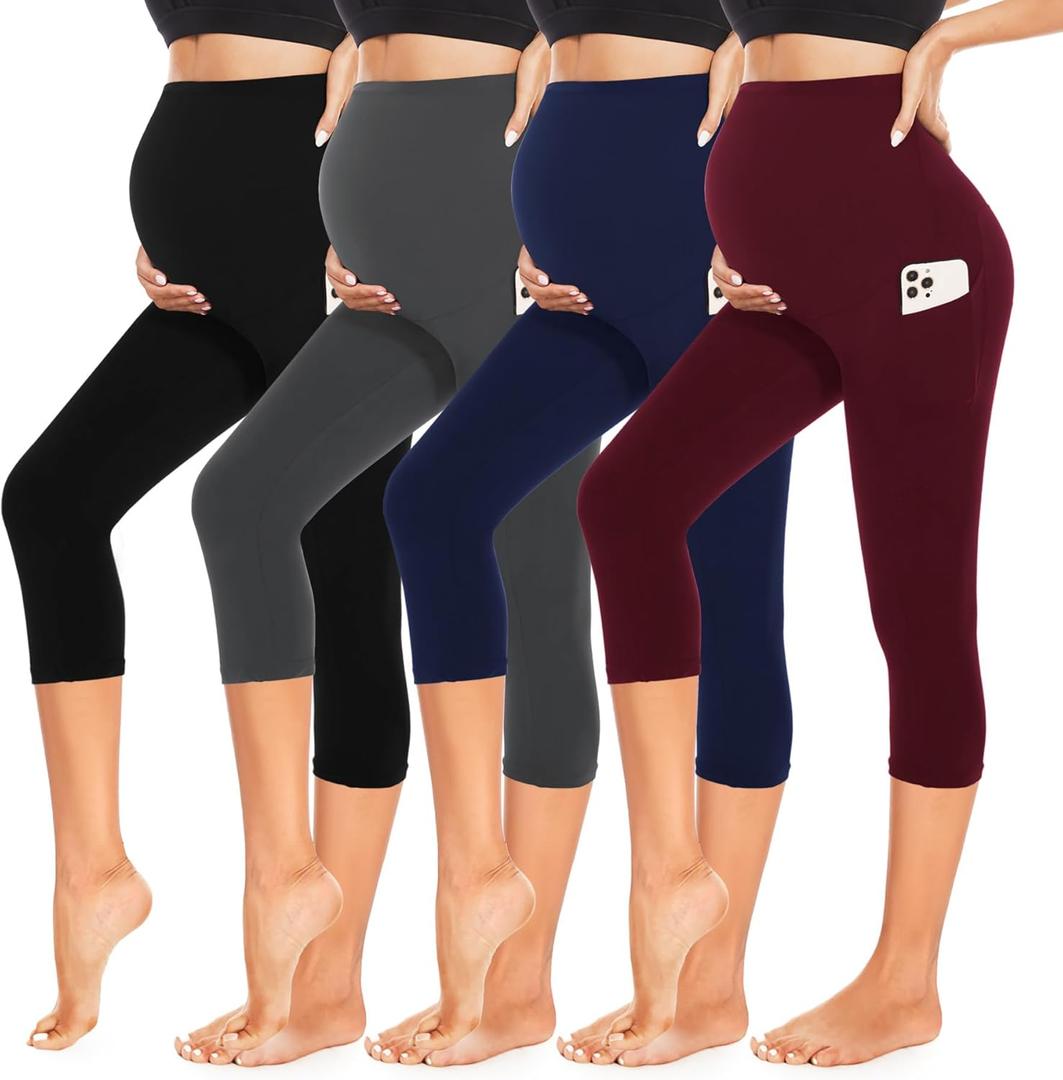 4 Pack Womens Maternity Leggings with Pockets Over The Belly Butt Lift - Soft Workout Pregnancy Yoga Pants (Medium, 04-black/Burgundy/Navy Blue/Grey)