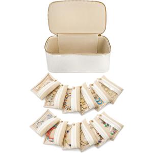 Hacaroa Large Travel Jewelry Case with 12 Velvet Pouches, 8.3 x 4.5 x 3.5 inches Jewelry Storage Organizer Box PU Leather, Clear Necklace Earrings Rings Bags for Women Wedding Gifts, Cream White