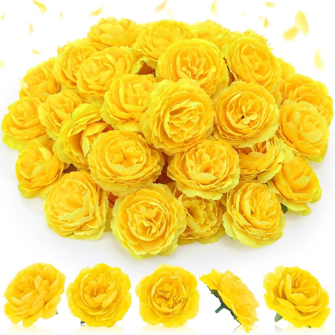 Thiccywoov 50 Pcs Artificial Flowers, 3.2 Inches Silk Rose Head Flowers Fake No Stem for Wedding Bridal Bouquet Home Floral Decor DIY Centerpieces Arrangements Party Tables Decoration(Yellow)