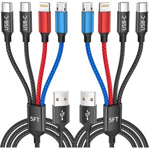 Dual Type-C 4 in 1 Multi Charging Cable for iPhone 17/ Galxy S26, Travel Cruise Essentials, USB Cable iPhone Charger Cord, Charging Cords for iPhone17-8/Androids/iPad and More, Car Charger (2Pack 5FT)
