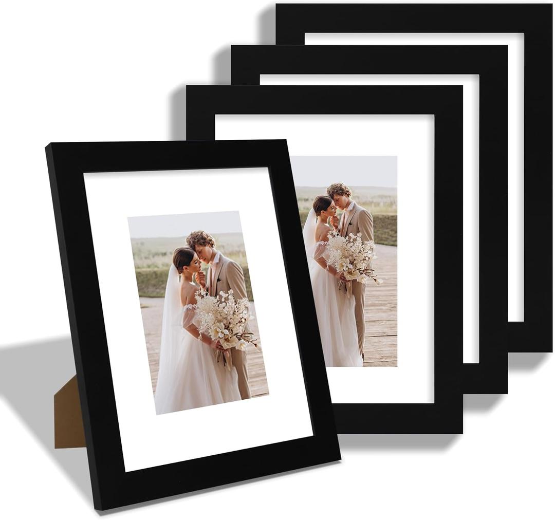 8x10 Picture Frame Set of 4, Made of Real Glass and Black Wooden Frame, 8 by 10 Photo for Wall or Tabletop - Display Picture 5x7 with Mat or 8x10 Without Mat