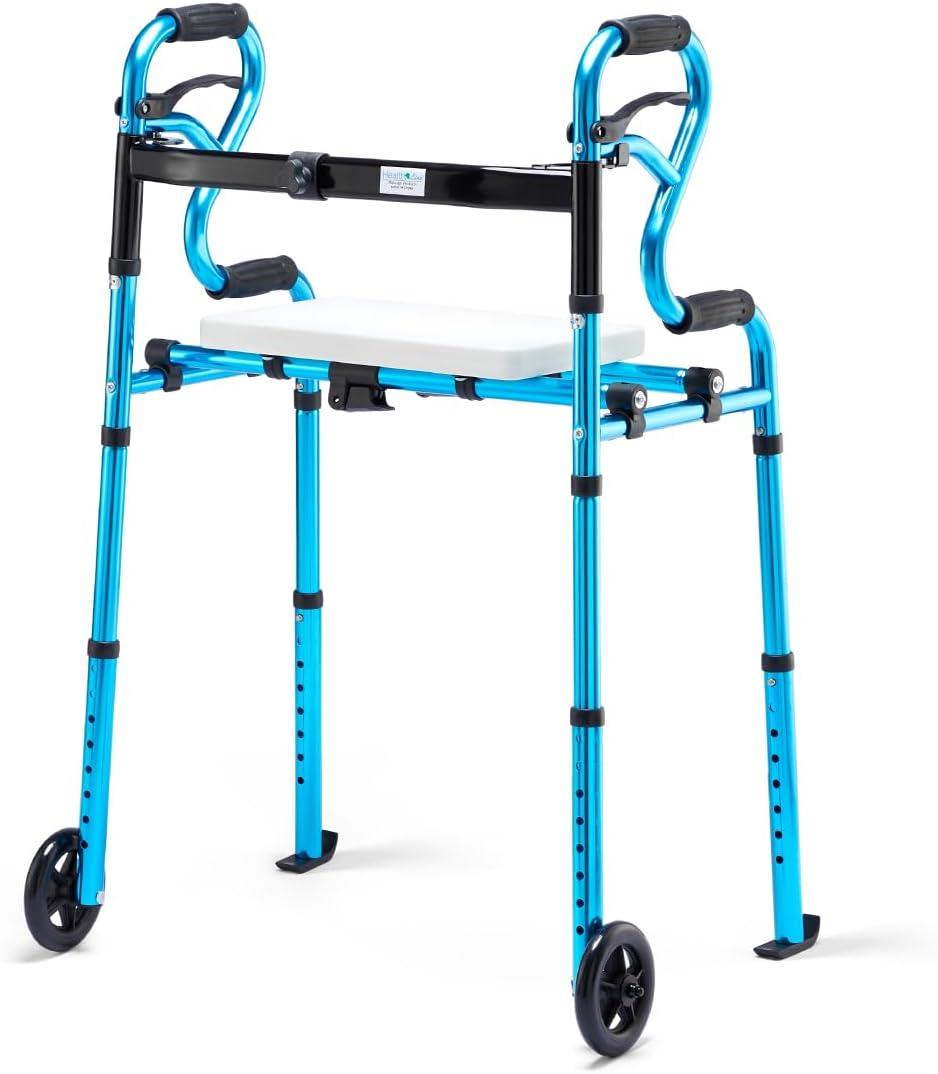 Health Line Massage Products 4 in 1 Folding Walker with Detachable Seat, Width Adjustable Folding Walkers with 5 Wheels and Extra 2 Skis, Compact Adults Walker for Seniors Support Up to 350lbs