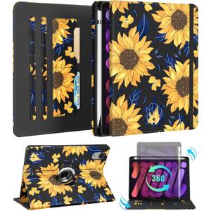 Kidcube for iPad mini 7 Case A17 Pro 2024, for iPad mini 6th Generation Case 8.3 Inch - Women Girls Kids Cute Rotating Stand Folio Cover with Pencil Holder & Card Slot Girly Kawaii Sunflower Cover
