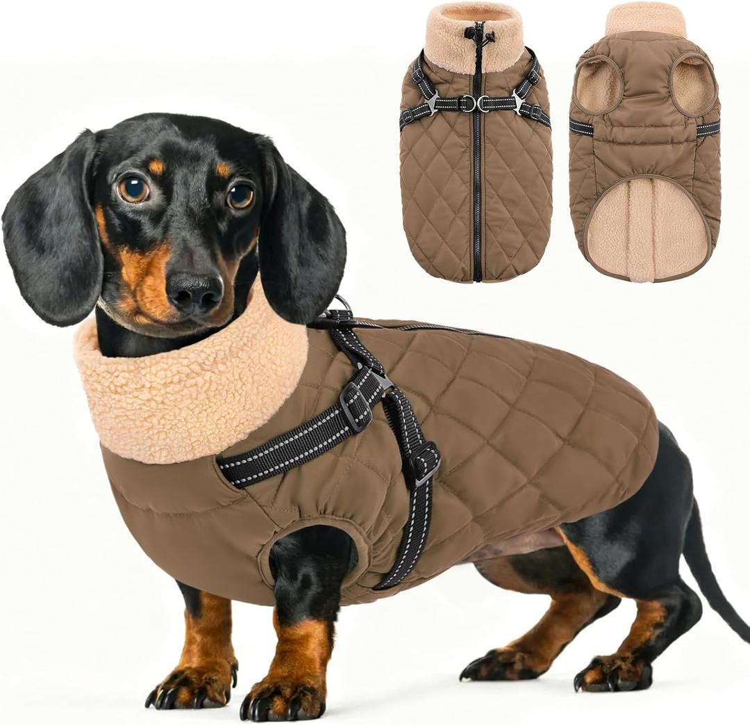 Queenmore Dog Coat, Dog Coats for Small Dogs, Doggy Winter Jacket with Zipper On Back, Waterproof Pet Jacket with Harness Built in, Pet Puffer Coat for Bichon, Schnauzer, Yorkie, Brown S