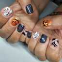 24Pcs Halloween Square Press on Nails Short Ghost Fake Nails Glossy Colored Acrylic Nails Bat Pumpkin Pattern Design Glue on Nails Full Cover Stick on Nails Halloween Artificial Nails for Women (WSJ-1)