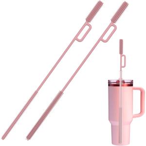 2 x vodvob 2Pcs Premium Silicone Straw Cleaner Brush, 9.84in Extra Long Flexible Straw Cleaning Tool for Glass & Smoothie Straws (Pink, 6mm/9mm) (Double-headed - Pink)