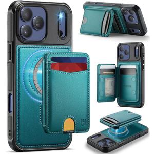 for iPhone 17 Pro Max Wallet Case Compatible with Magsafe, Magnetic RFID Blocking Card Holder Kickstand 2 in 1 Detachable Case for iPhone 17 Pro Max 6.9", Bluish Green
