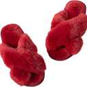 Womens Cross Band Slippers Cozy Furry Fuzzy House Slippers Open Toe Fluffy Indoor Shoes Outdoor Slip on Warm Breathable Anti-skid Sole (Red)