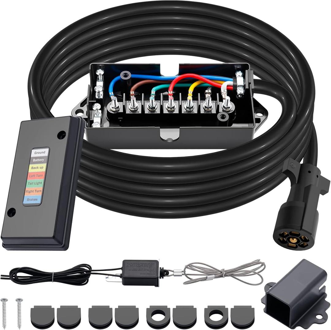 CheeMuii 15 FT 7 Way Trailer Cord and 7 Gang Junction Box Kit with 12 V Breakaway Switch and Plug Holder Heavy Duty Trailer Wiring Harness Kit for Trailers RVs Campers