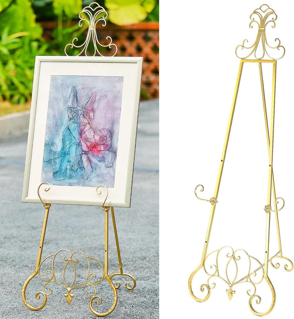 Gold Easel Stand for Sign, Adjustable Height Metal Easel Display Stand with Chain Support, Heavy Duty Easel for Sign, Wedding, Picture Frame, Mirror. (No Installation Required)