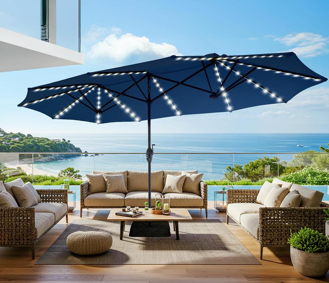 SUPERJARE 13ft Outdoor Patio Umbrella with Solar Lights, Double-sided Deck Pool Umbrella with 1.5 Inch Pole, Fade Resistant Canopy, 12 Sturdy Ribs, for Porch, Market, Backyard, Navy Blue (No Base)