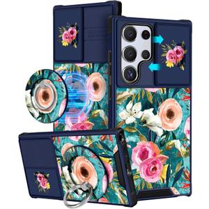 Buleens for Samsung Galaxy S22 Ultra Case 6.8 Inch - with Ring Stand & Camera Cover Aesthetic Cute Designed for Women Girls Girly Lake Blue Flowers for Samsung S22 Ultra Case Compatible with Magsafe
