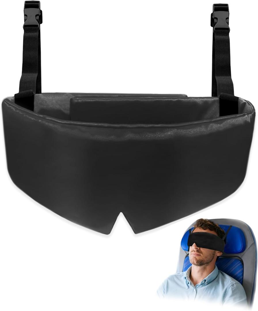 Travel Pillows for Airplanes, Airplane Head Strap with Silk Eye Mask for Sleeping, Long Flights & Car Road Trips 360Headrest Neck Support, Stops Bobbing, Small & CompactBlack