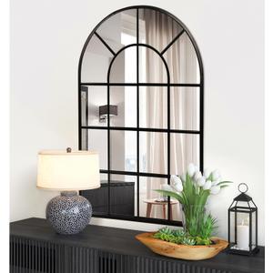 Black Arched Window Mirror, Large Window Pane Mirror, Metal Framed Windowpane Mirrors, 24" X 36" Arched Wall Mirrors for Wall Decor, Entryway, Living Room