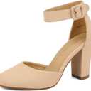 DREAM PAIRS Women's High Heel Ankle Strap Closed Toe Chunky Wedding Party Pumps Shoes, Size 7.5, Nude/ Nubuck, Angela