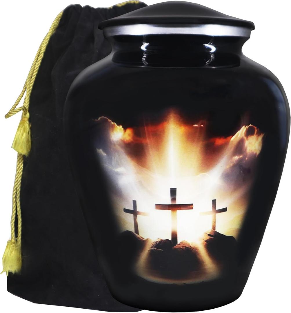 M MEILINXU Urns for Human Ashes Adult Man or Women, Cremation Urn for Ashes Adult Male or Female, Soulful Religion Cross, Burial, Funeral Decorative Urns, Religious Crosses, Black - Large Full Size