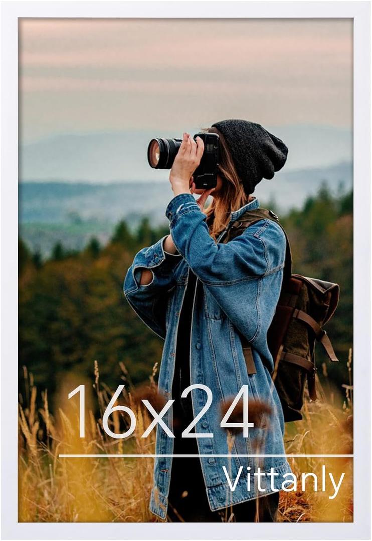Vittanly 16x24 Poster Frame, Plexiglass, Displays Picture 12x18 with Mat or 16x24 without Mat, PVC Frame Material, Horizontal or Vertical Hanging, 1 Pack, White