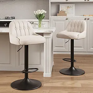 MALOL Bar Stools Set of 2, Swivel Bar Chairs, Modern Adjustable PU Leather Upholstered Barstools Counter Height with Tufted Back for Bar, Kitchen Counter Island, Dining Room, Beige