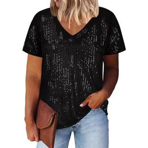 Lwcbcby Plus Size Tops for Women Short Sleeve Tee Shirts Casual Pullover High Low Split Hem Black Sequin Spark Blouse 3XL 22W 24W