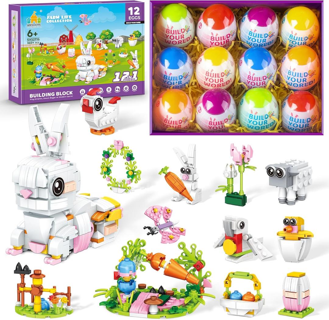 Easter Bunny Building Toy Set, Easter Gifts for Kids - 12-in-1 Rabbit Building Block with Prefilled Eggs, Includes Chick, Sheep, Carrot, Flower, Easter Basket Stuffers & Decorations for Boys Girls 6+