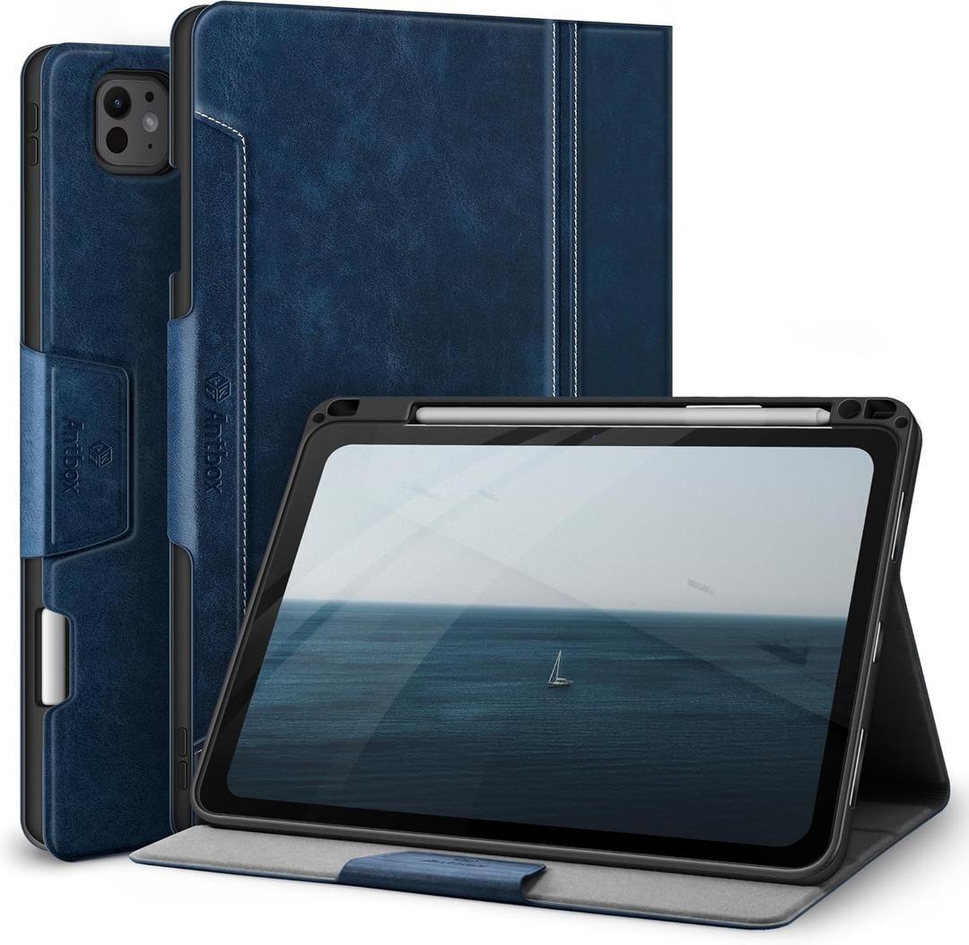 Antbox for iPad Pro 11 Inch Case (M4) 2024, Built-in Pencil Holder, Fully Supports Pencil Pro/USB-C, Auto Sleep/Wake Function Vegan Leather (Blue)